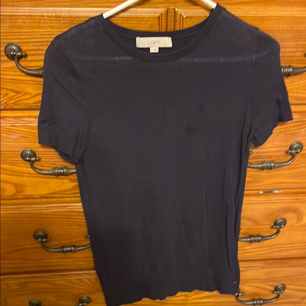 LOFT Navy Fitted Crew Neck Short Sleeve Lightweight Sweater